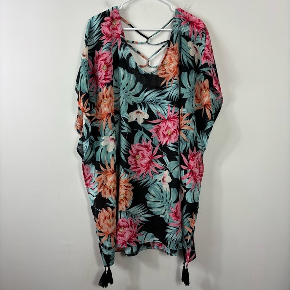 Kona Sol Beach Cover Up Women’s XL Boxy Fit Tropical Floral Pattern Tassel - Picture 1 of 8